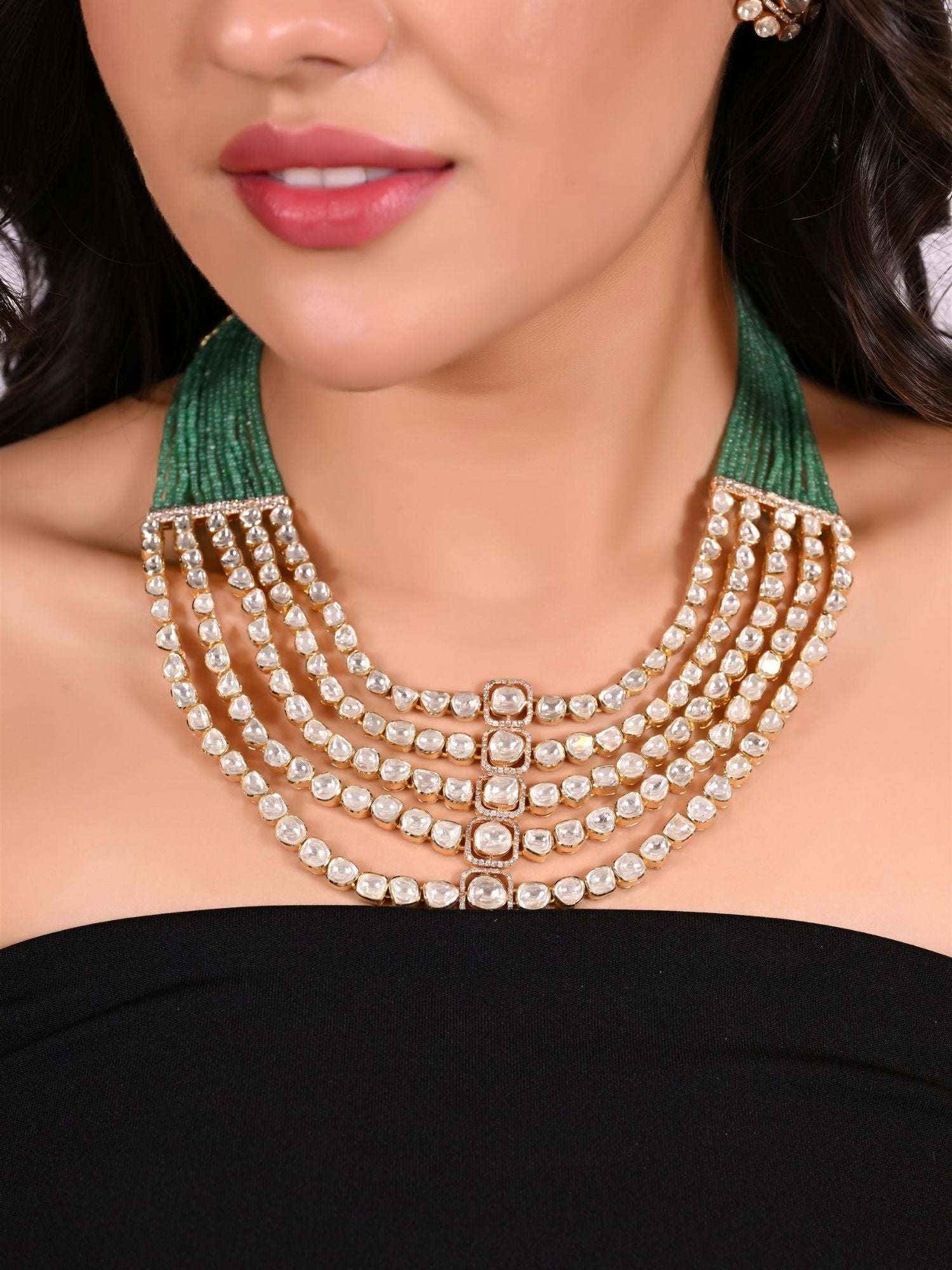Emerald Polki Flow Layered Necklace Set