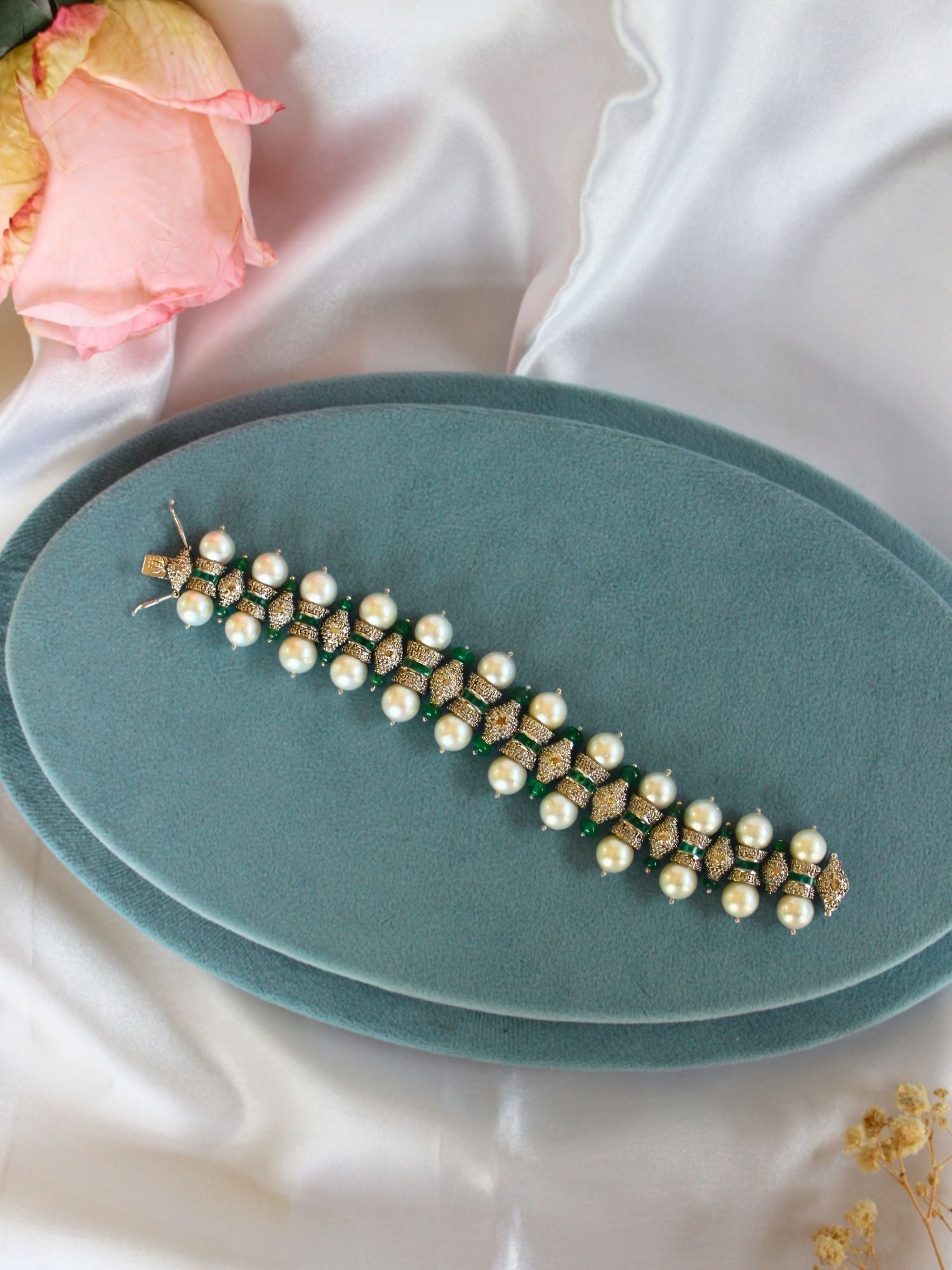 Harmony of Greens and Pearls Bracelet