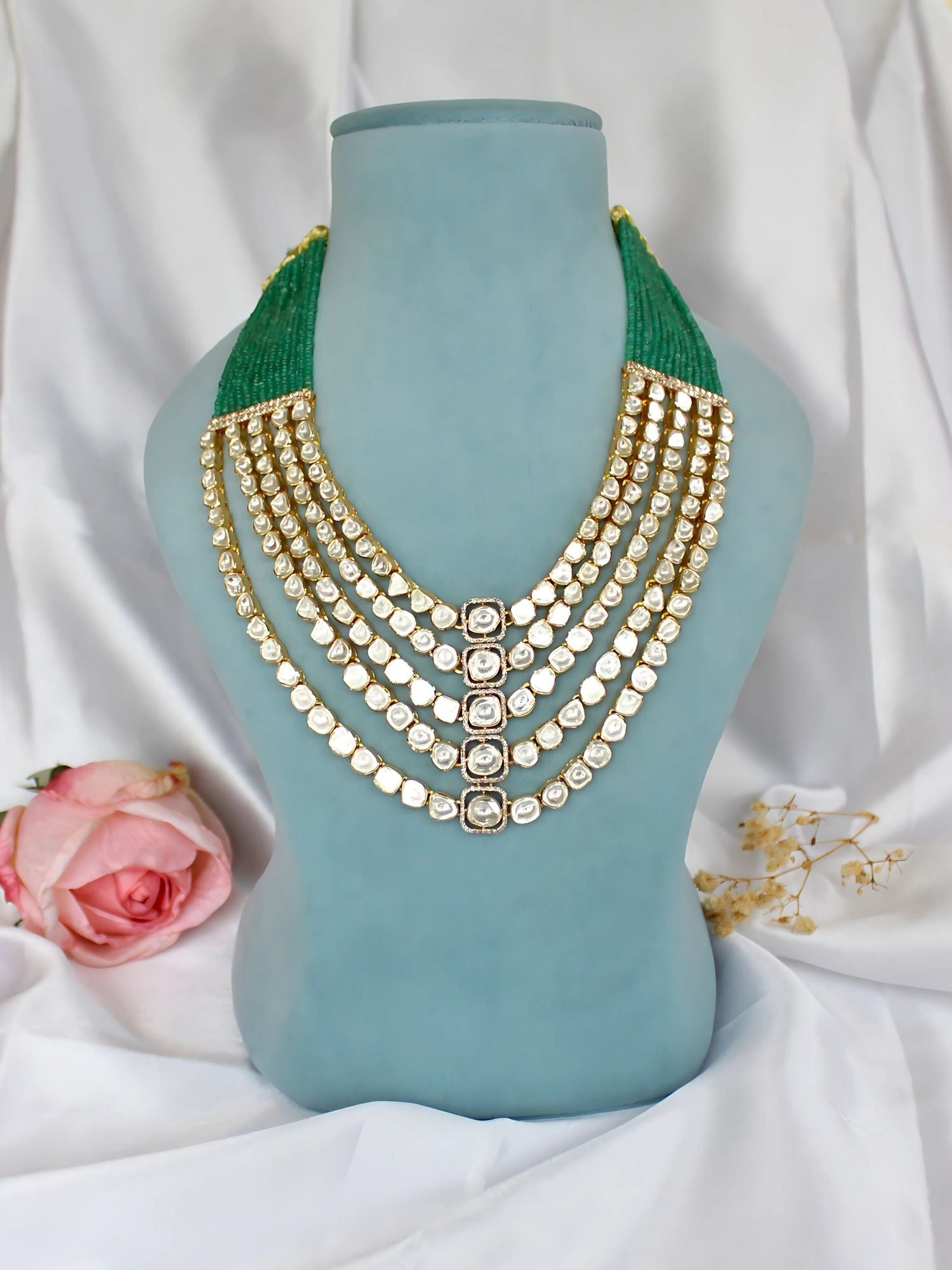 Emerald Polki Flow Layered Necklace Set