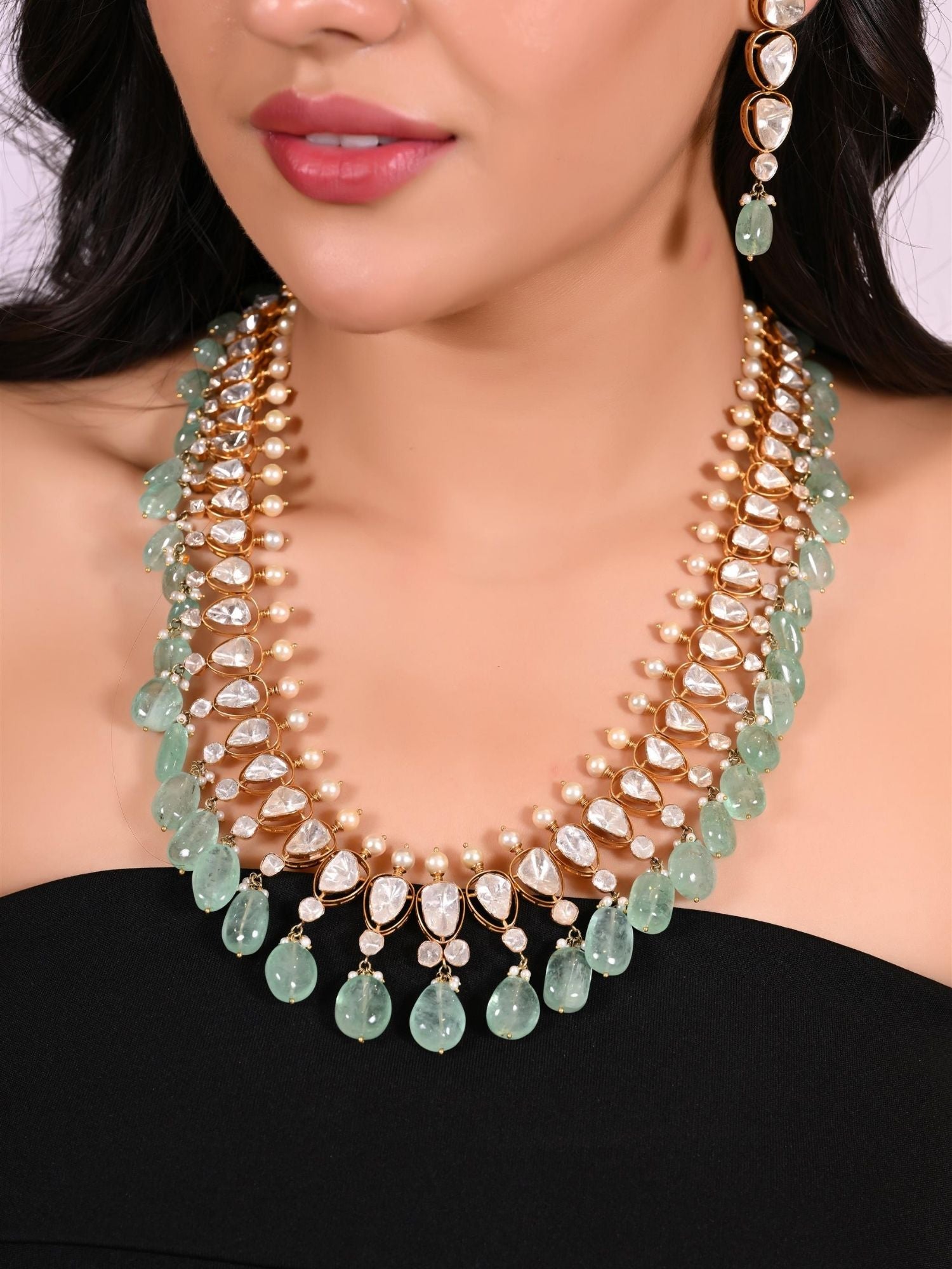 Verdessa Polki Emerald Necklace Set